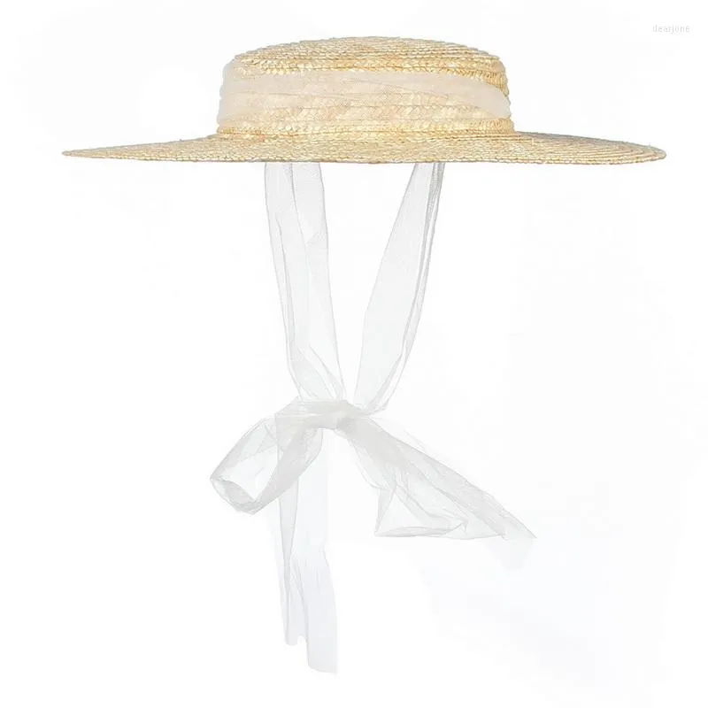 Chapeaux plage chapeau de paille été Simple mode filles large bord Net fil ruban blanc noir nœud papillon chapeau de soleil pour les vacances