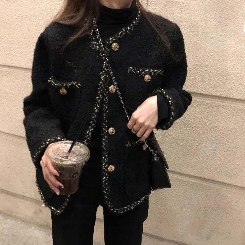 سترات نسائية على الطراز الكوري Tweed Women Alegant Blend Wool Coat مع جيوب أنثى الخريف منفردة Onderted Outwear Office Lady 230224