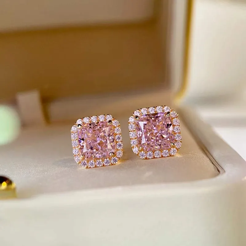 Pink Crystal Sweet Earrings Stud Girl Square Simulation Pink Tourmaline Zircon Diamond Rose Gold Plated Sweet Wedding Ring Necklace Party Jewellry Birthday Present