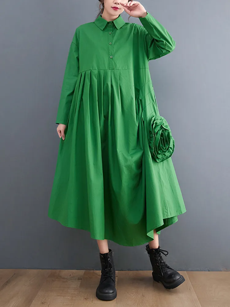 Casual Dresses Spring Autumn Green Pleated Floral Shirt For Women Long Sleeve Loose Vintage Dress Fashion Elegant Clothing 230224 Casual Dresses Spring Autumn Green Pleated Floral Shirt For Women Long Sleeve Loose Vintage Dress Fashion Elegant Clothing 230224