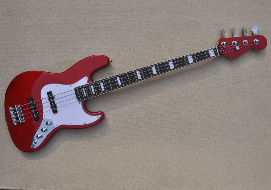 4 Strings Metallic Red Electric Bass Guitar with Rosewood Fingerboard White Block Inlays Can be customized