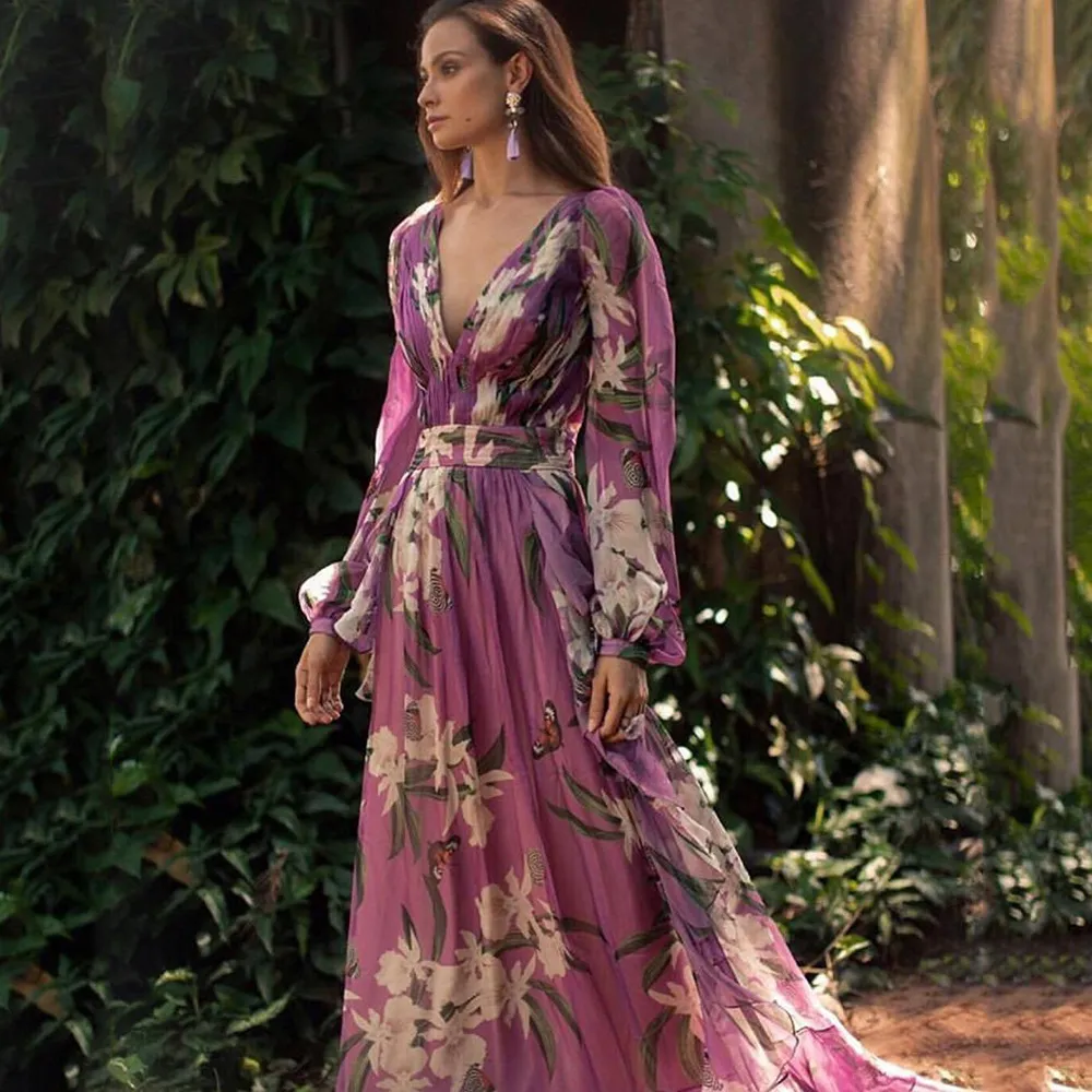 Летняя осенная женщина платья модным богемным цветочным принтом v -шейки с длинным рукавом с плиссированным шифона