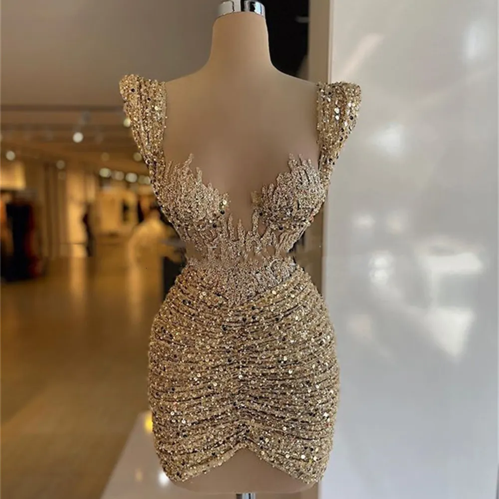 Sukienki imprezowe Złote Prom Mini Krótkie koraliki Formalne nocne samic elegancka sukienka koktajlowa suknie powracające 230224