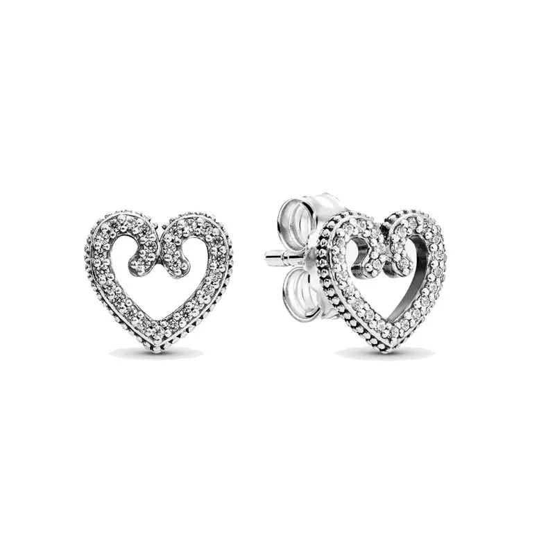 Pandora için gerçek gümüş kalp girdap saplama küpeleri kadınlar için pırıl pırıl düğün tasarımcısı takı