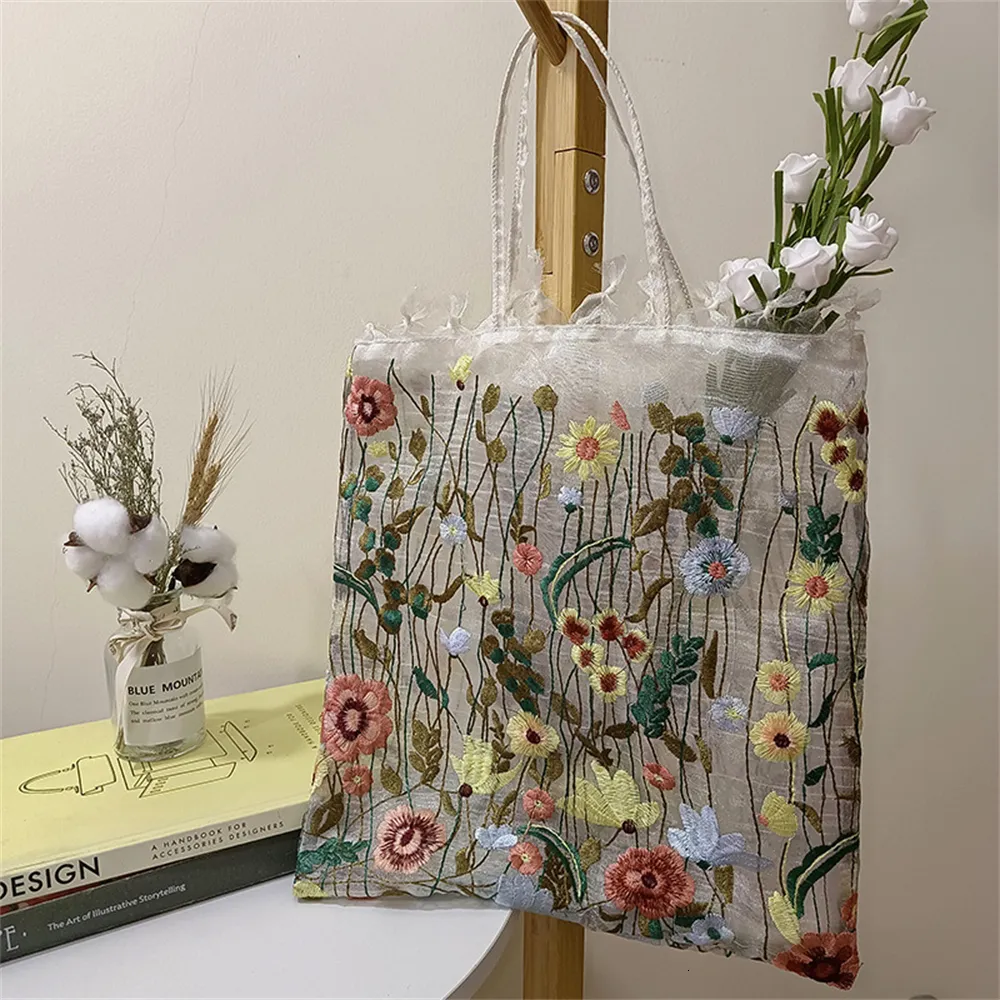 Shopping Bags Eco Shopping Bags for Women 1Pc Grocery Tote Bag Style Mesh Full Embroidery Handbag Flowers Clear Shoulder Bag Romantic Handbags 230223