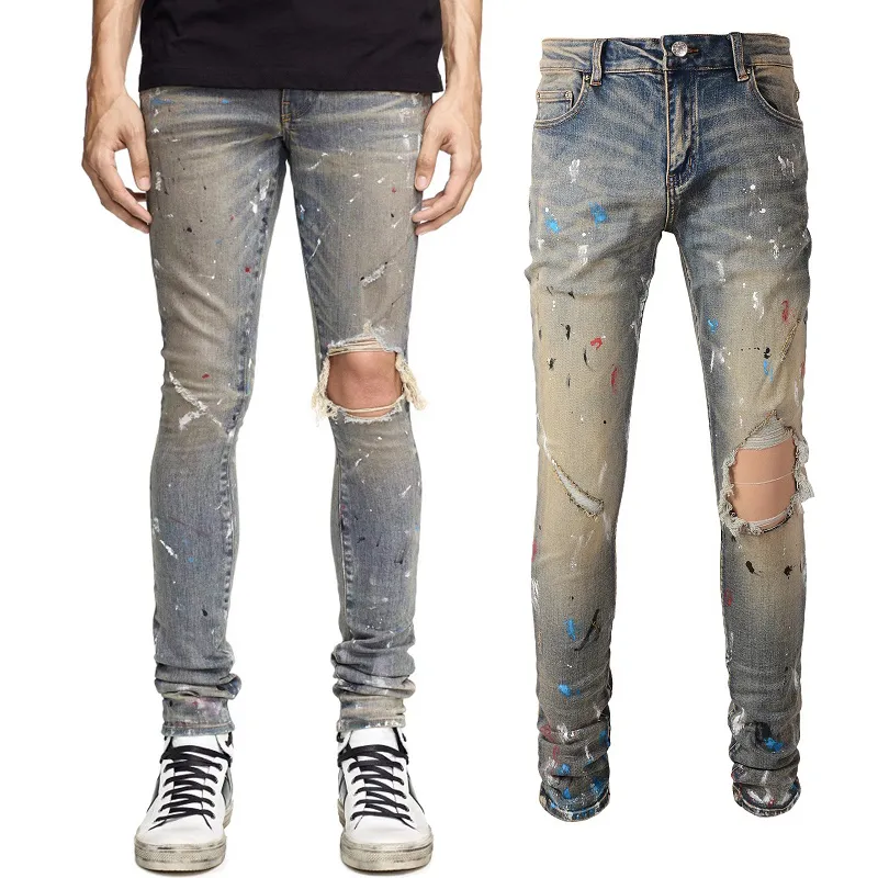 Talla grande 38 Denim Jeans Hombre pintado Destory Hole Slim Fit