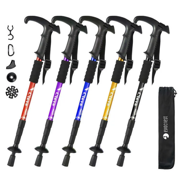 Trekking Poles Outdoor Trekking Pole Cane T Handle Cane Aluminum Alloy Shock Absorber Four Section Telescopic Mountaineering Walking Cane J230224