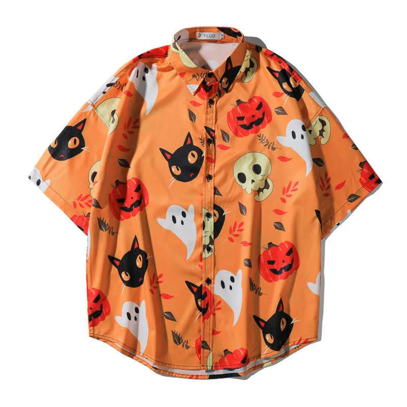 Men's Casual Shirts Men Vintage Shirt Summer New Hawaiian Short Sleeve Shirt Mens Halloween Pumpkin Printed Beach Casual Shirts Man Oversized Hemd Z0224