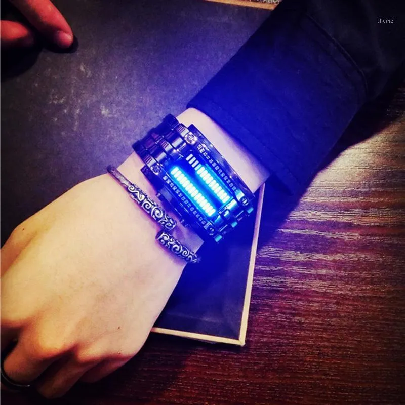 Relojes de pulsera reloj de acero inoxidable azul binario luminoso LED pantalla electrónica relojes deportivos para amantes hombres mujeres regalos