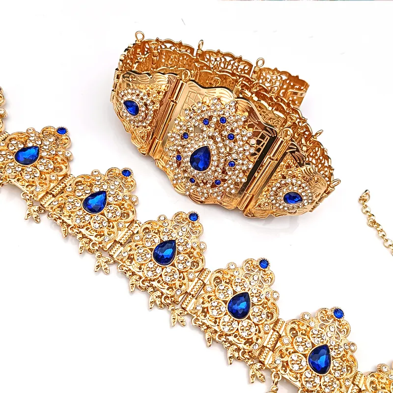 Ceintures de chaîne de taille algérie bijoux de mariage ensemble marocain métal-marine ceinture robe robe body dames tête royal bleu fausse gemmes 230224