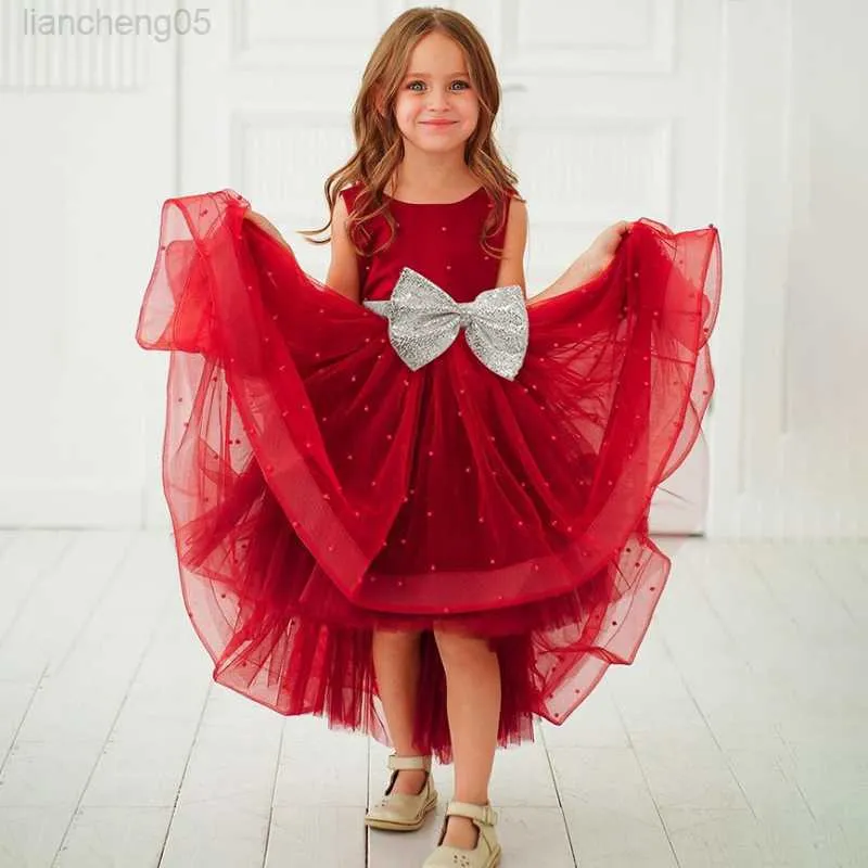 Girl's Dresses 2022 New Summer Girls Cosplay Bow Tulle Dress Princess Kids Carnival Party Dress Wedding Birthday Vestidos 2-10 Years Old W0224