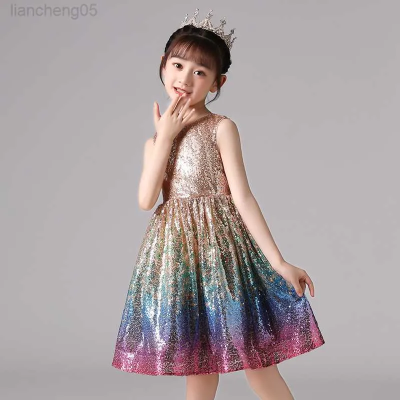 Sukienki dziewczyny gaun Perempuan Bunga Gaun Pesta Malam Koktail Anak Gaun Pesta Pelangi Berpayet Pakaian Putri Ulang Tahun Ke-4 4-12 Y W0224