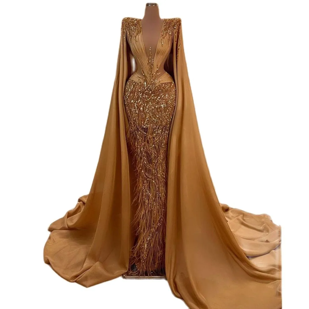 Gold Evening Dresses Sleeveless V Neck Lace Capes Satin Beaded