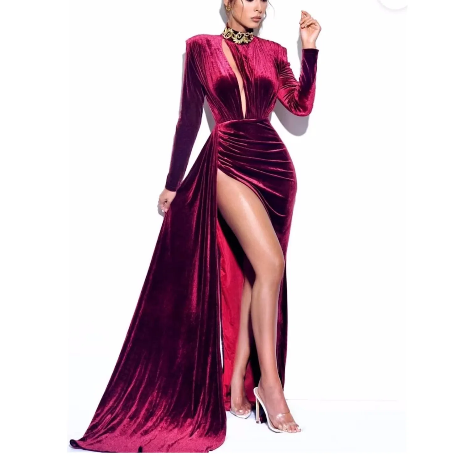 Einzigartige Designer Sexy Schlüsselloch-Abendkleider mit hohem Kragen und Strasssteinen, langen Ärmeln, Abendkleid, seitlich geteilt, Vestidos, nach Maß, 2023 328 328