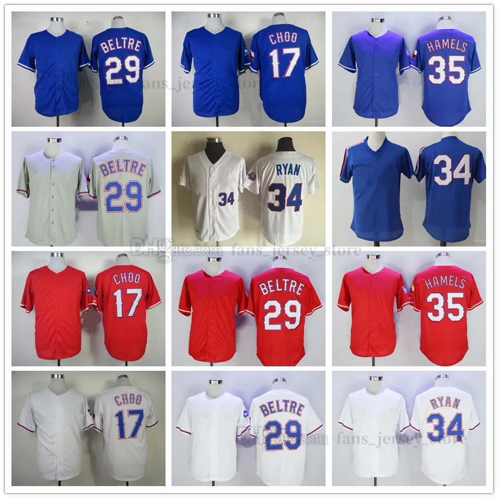 Maglie da baseball vintage 17 Shin-soo Choo 29 Adrian Beltre 34 Nolan Ryan 35 Cole Hamels Blank Sport Blank