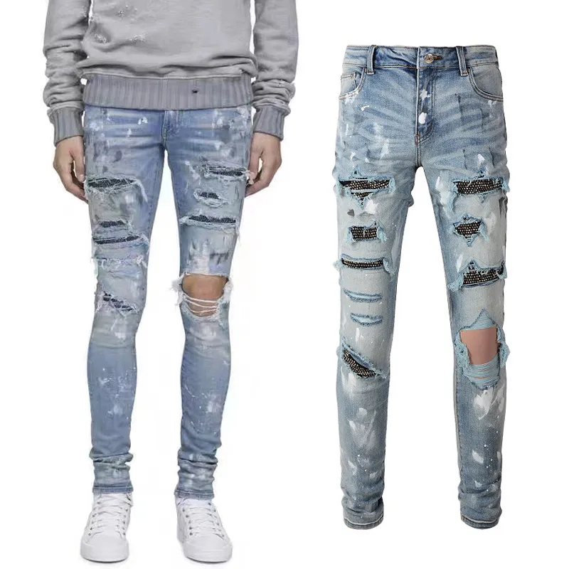 Man Crystal Patch Denim Jeans Slim Fit Style Painted Ripped Wash Bleach