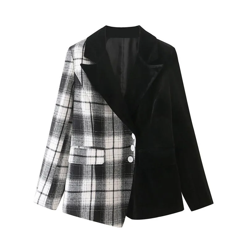 Dames pakken blazers vrouw elegante irrgulaire plaid patchwork blazer 2023 herfst vrouwelijke slanke asymmetrische bblzers suit dames high street o