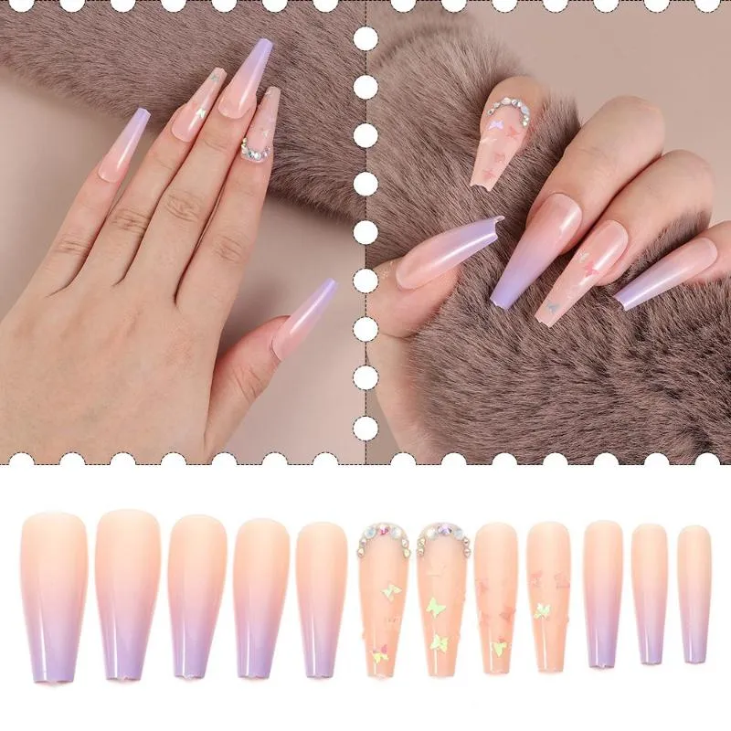 Unghie finte 24 pezzi Ombre artificiale farfalla finta balletto bara usura paragrafo lungo manicure patch stampa su art