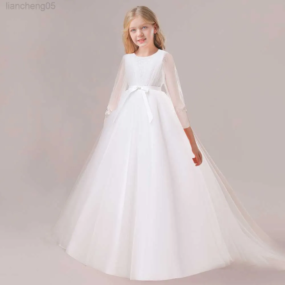 Girl's Dresses White Long Sleeve Bridesmaid Dresses Teens Girls Birthday Princess Party Dress Lace Children Formal Wedding Evening Vestidos W0224