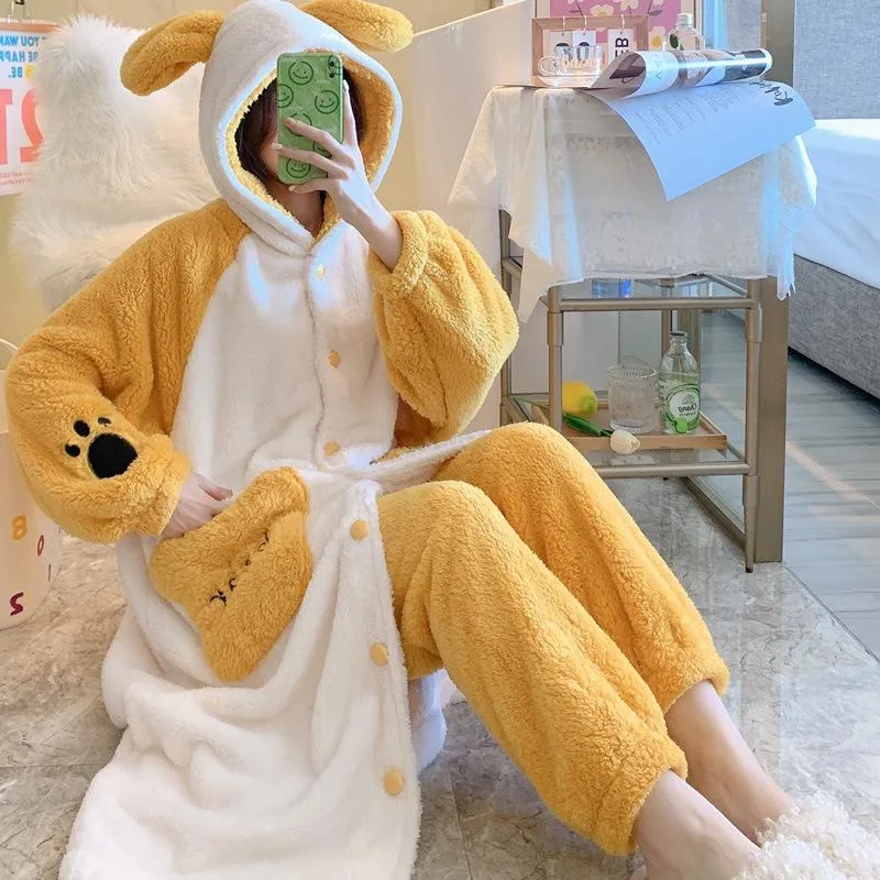 Dames slaapkleding Cartoon gewaad Set Warm Kimono Bathrobe 2pcs Huiskleding Nachtwear voor meisjes Coral Fleece Haped Nighthad Oversized Home Doek