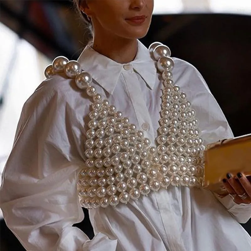 Czołgi damskie seksowne mody Pearls paski uprawne dla kobiet bez pleców głębokie V Neck Camisole Eleganckie damskie bielą rękaw