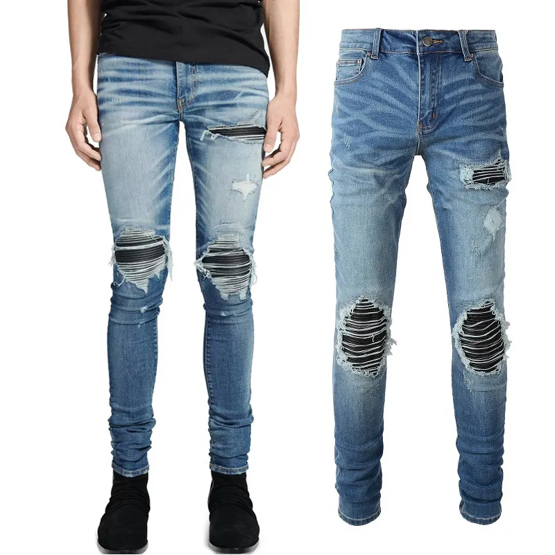 Мужские джинсовые джинсы разорванные стройные кожаные лоскутные одеяло