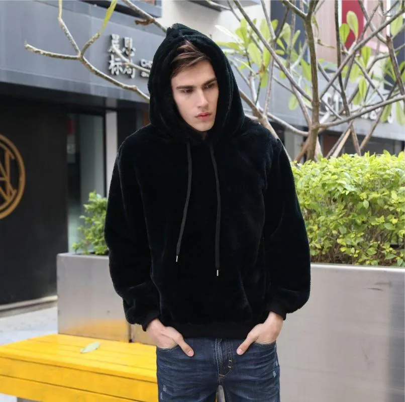 Men's Hoodies Faux Fur Man Hoodie Hooded Thick Plush Cotton Sweatshirt Male Black Casual Fluffy Boys Oversized Xxxl Winter Clothing