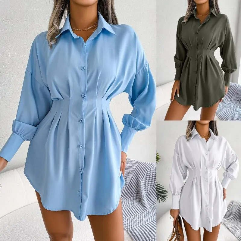 Robes décontractées automne et printemps femmes lanterne manches taille asymétrique robe chemise jupe femme mode couleur unie longue Dres