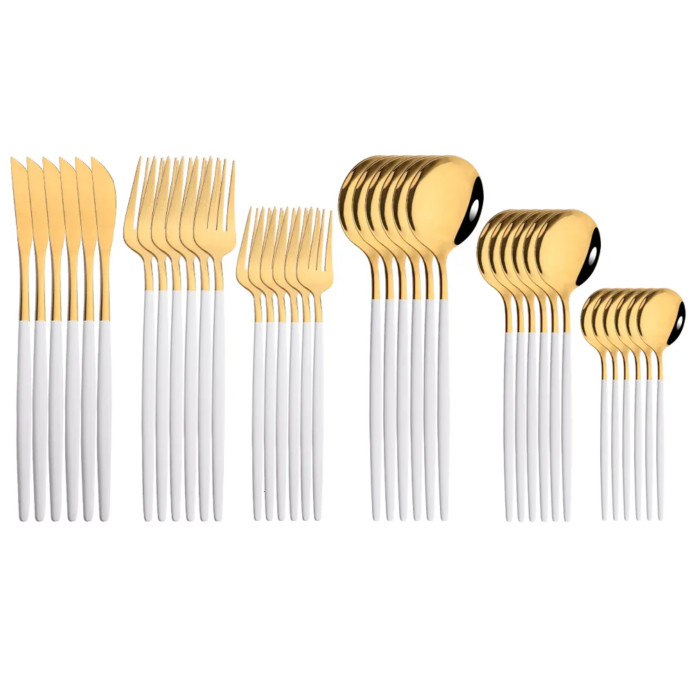 Servis uppsättningar 36st vita guld servis bestick set knivdessert gaffel kaffesked plattvaror rostfritt stål silvervaror party tabellware set 230224