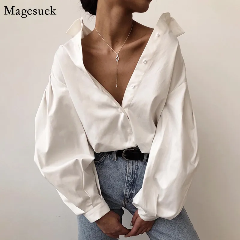 Women's Blouses Shirts Casual Vintage Sexy Button White Blouse Women Lantern Sleeve Oversized Loose Women Shirt Cotton Office Ladies Tops Blusas 10903 230225