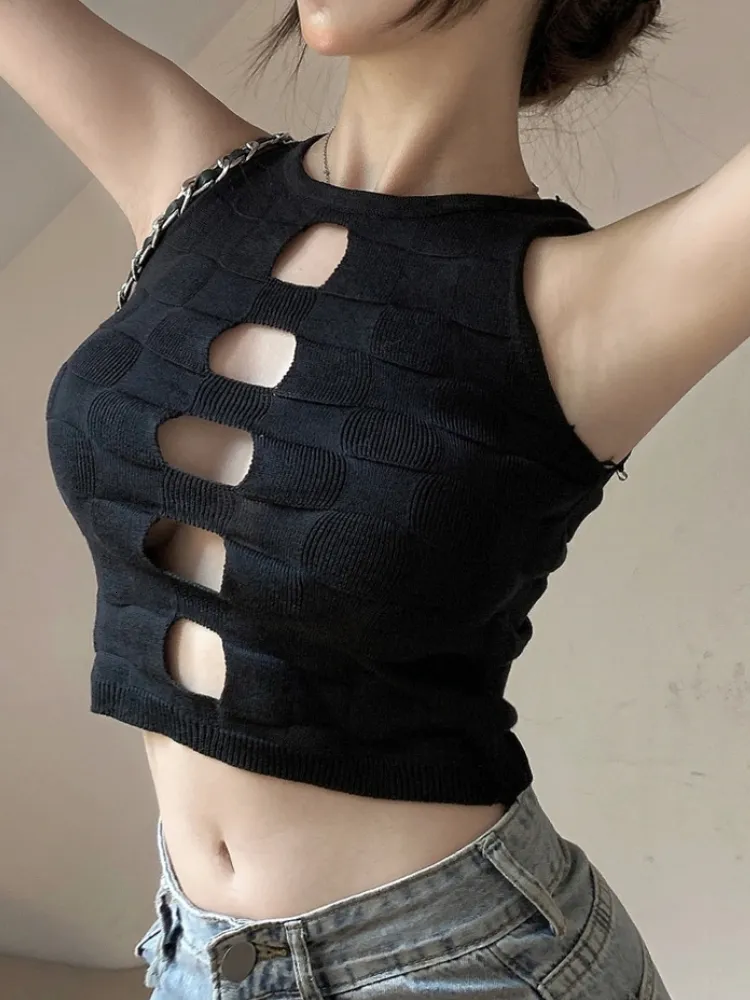 Kvinnors tankar Camis Hollow Out Sticked Tank Top 2023 Camic S Girls Streetwear Leaky Navel Y2K Crop 2023 Summer S Korean Women Clothing 230225