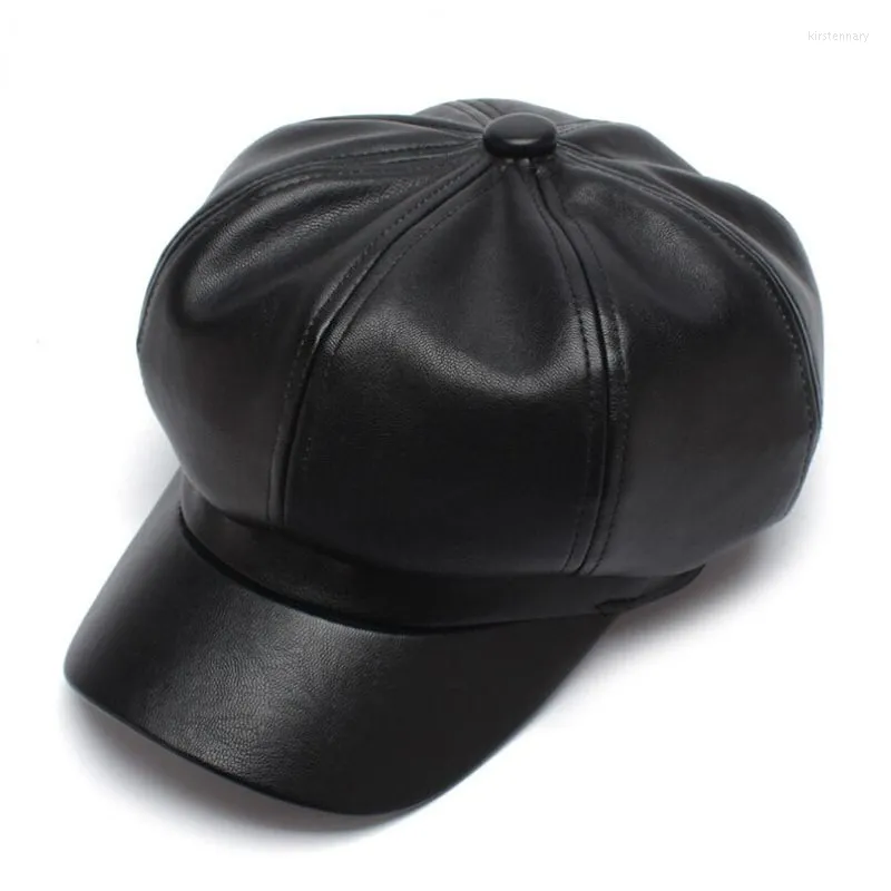 Berets Vintage PU Leather Painter Hats For Womens Autumn Winter Male Female Casual Caps Solid Color Octagonal Cap Black Red Hat