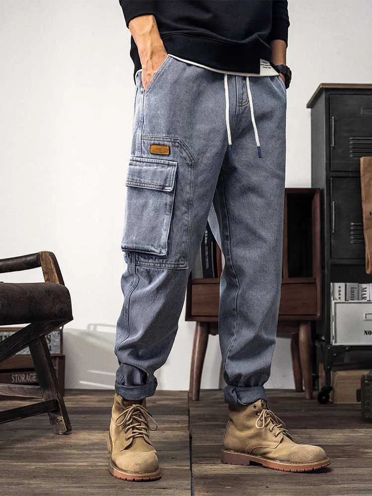 Jeans De Hombre Primavera Verano Big Pocket Cargo Jeans Hombres Pierna Ancha Pantalones De Mezclilla De Algodon Elastico Tallas Grandes Hasta El Tobillo Pantalones De Mezclilla Casuales 8XL Z0225 De 1...