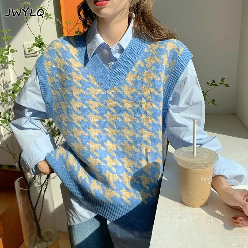 Women's Vests Women Sweater Vest Autumn Houndstooth Plaid V-neck Sleeveless Knitted Vintage Loose Oversized Female Sweater Vest Women Clothing 230225