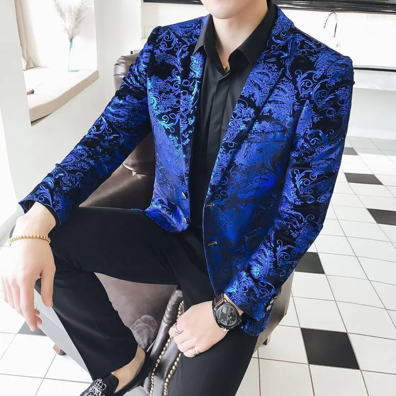 Herenpakken Blue Velvet Blazer Men Luxe Paisley Flower Patroon Fancy 2023 Plus Size Suit jas