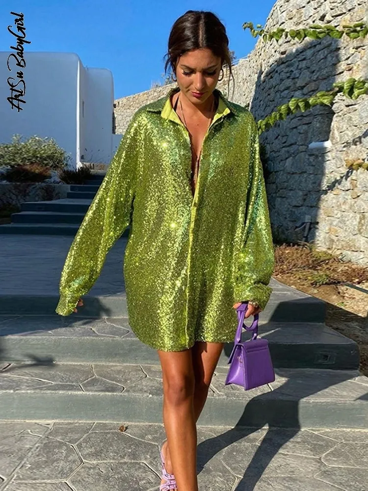 Chemisiers pour femmes Chemises Chemisiers à paillettes Haut à manches longues Chemises à paillettes Femmes Y2K Chemise solide Automne Hiver Chic Streetwear Chemisier à col en V vert 230225