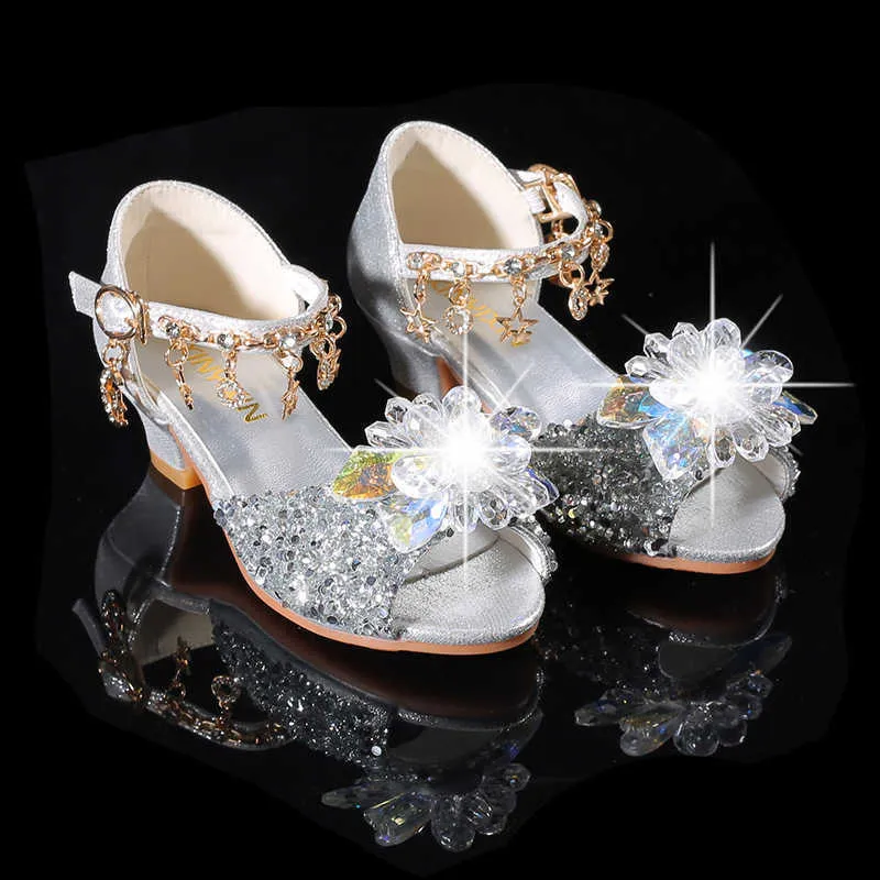 Sandals Girls sandal Princess Shoes Shiny Children's High Heels Show Leather Shoes New Summer Girls Bowtie Paillette Performance Sandals Z0225