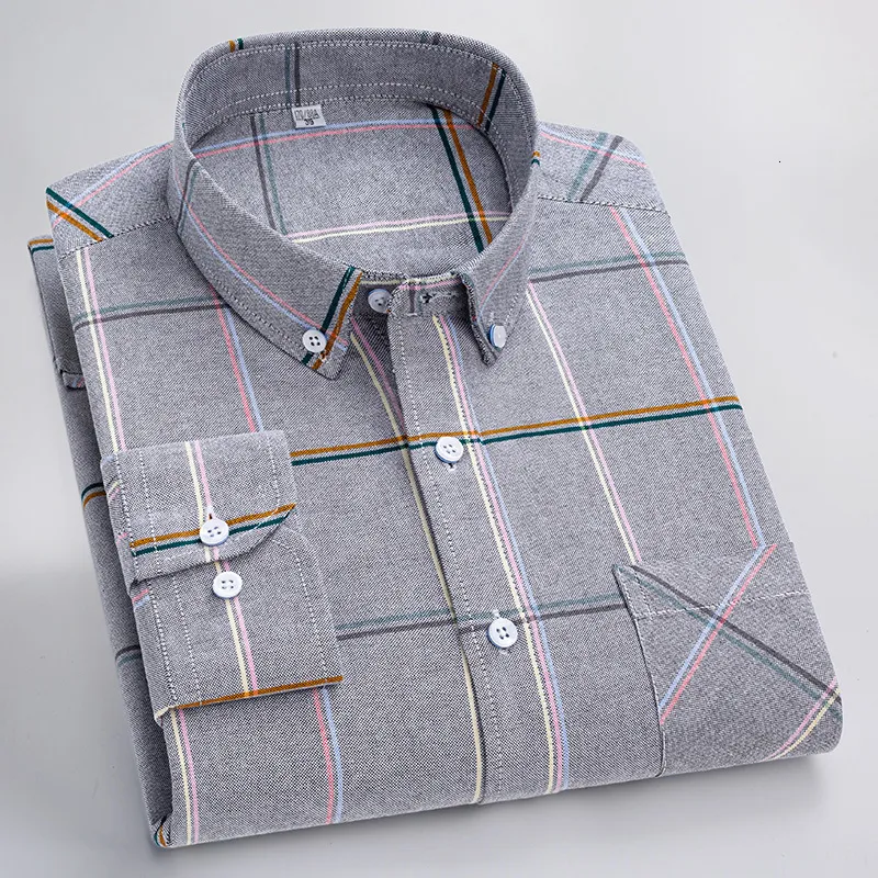 Mens Casual Shirts Cotton Oxford Plaid Business Checked Long Sleeve Button Down Collar Male Tops Easy Care Spring