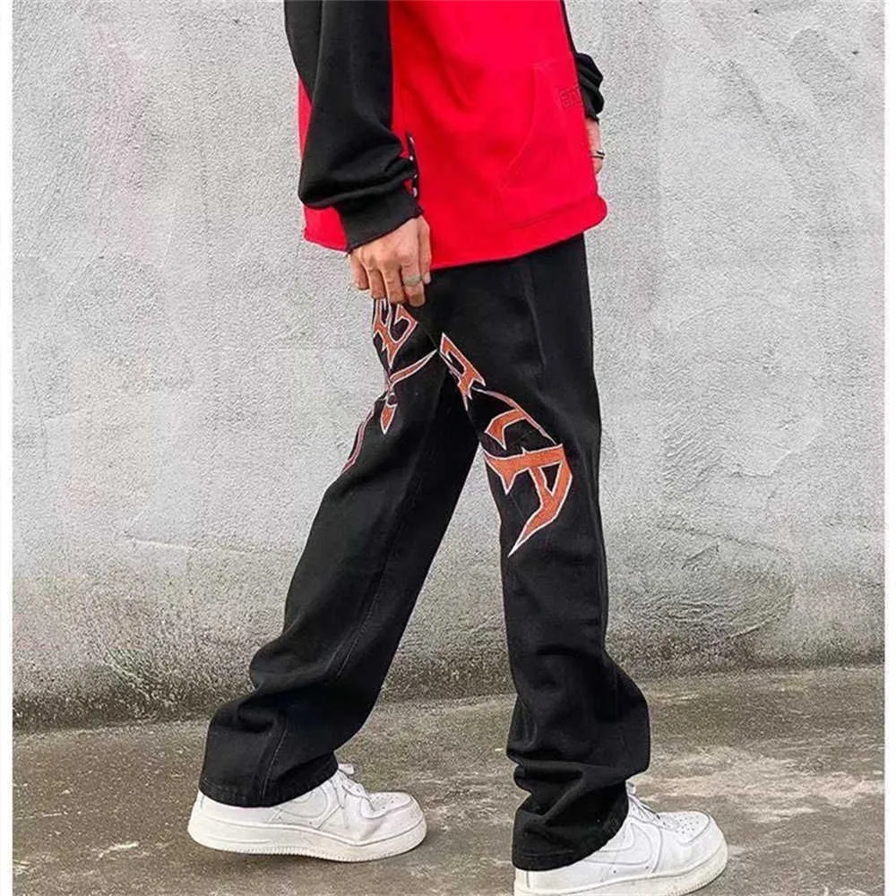 Jeans Masculinos Cyber Y2k Homens Moda Moda Negra Streetwear Letra