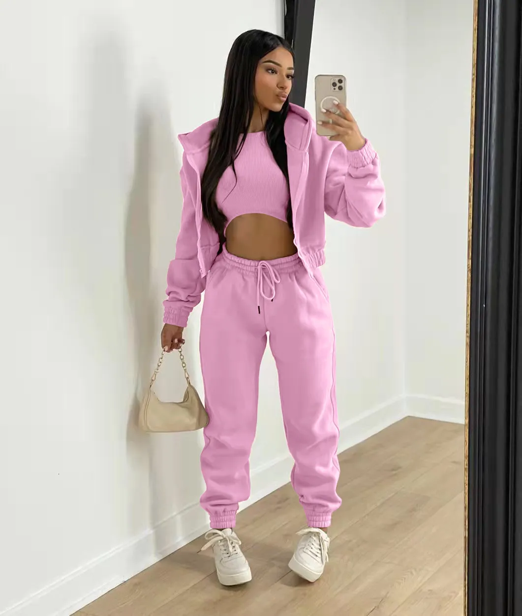 Women's Two Piece Pants Women 3 Piece Sets Casual Long Sleeve Zip HoodiesRibbed TankHigh Waist Sweatpants Jogger Pant Suits Sporty Three Pieces Outfit 230225