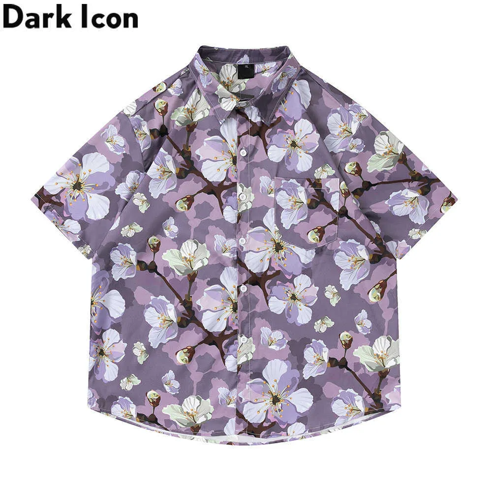 Mäns casual skjortor mörk lila blommor hawaiian skjorta män sommaren vänd ner krage knappen upp mäns skjortor man blus z0224