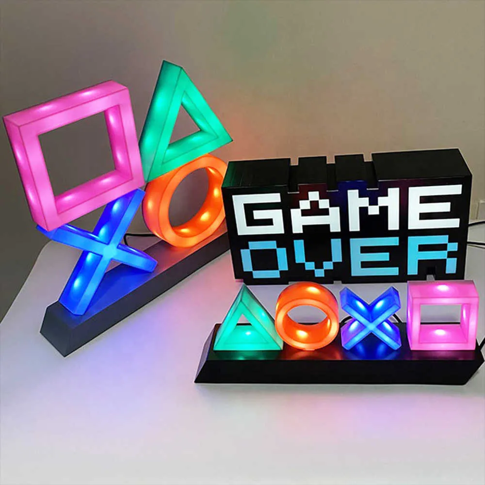 Night Lights Game Over Icon Light Voice Control Dekorativ lamp LED -ljus för PS4 USB -laddning PlayStation Player for Kids Giftj230225