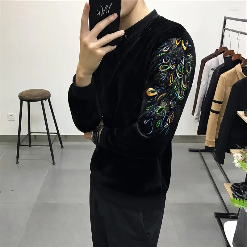 Men's Hoodies Luxury Velvet Hoodie Peacock Embroidery Soft Handfeel Velours Fancy Casual Slim Fit Men Sweatshirt Club Party