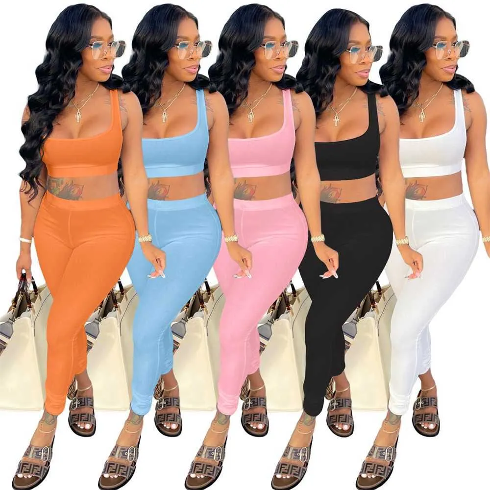 DHgate Womens 2 Piece Tracksuit Set Designer Slim Sexy Casual Solid Color Vest Bra Bare Back Sportswear 5 Colors S XXL Apparel