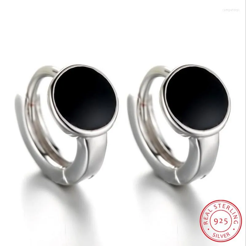 Orecchini a cerchio in argento sterling 925 rotondo nero vinile spot di alta qualità per le donne ornamento gioielli alla moda S-E170
