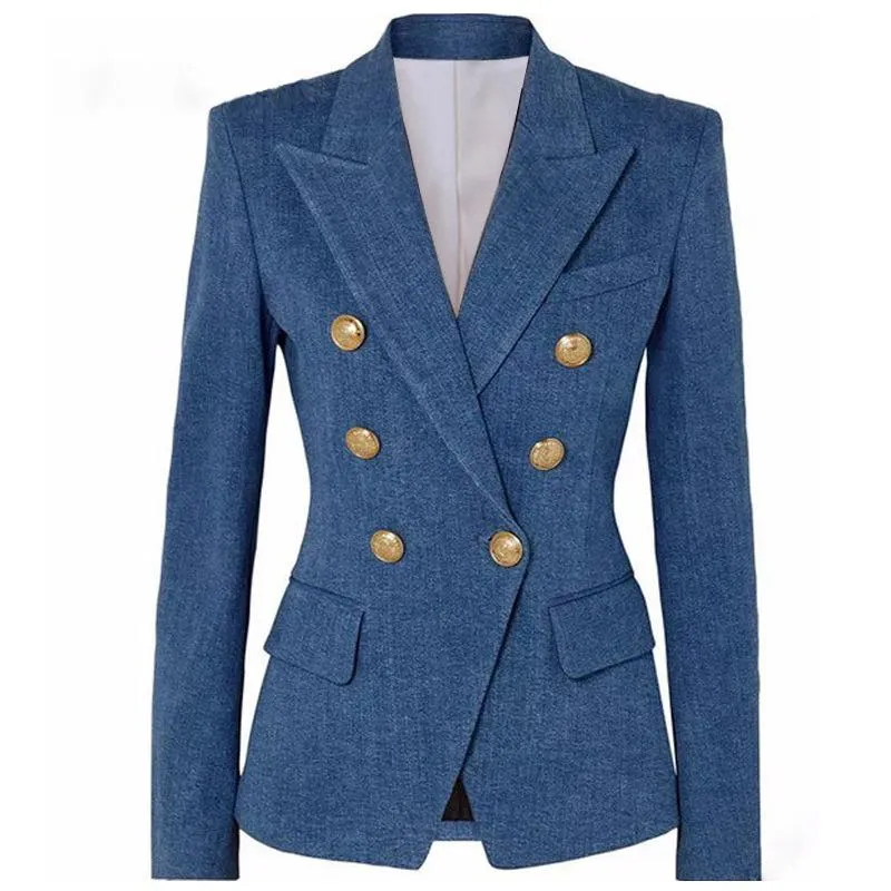 Women's Suits & Blazers European And American Dark Blue Imitation Denim Pattern Fabric Slim Double Breasted SuitsWomen's