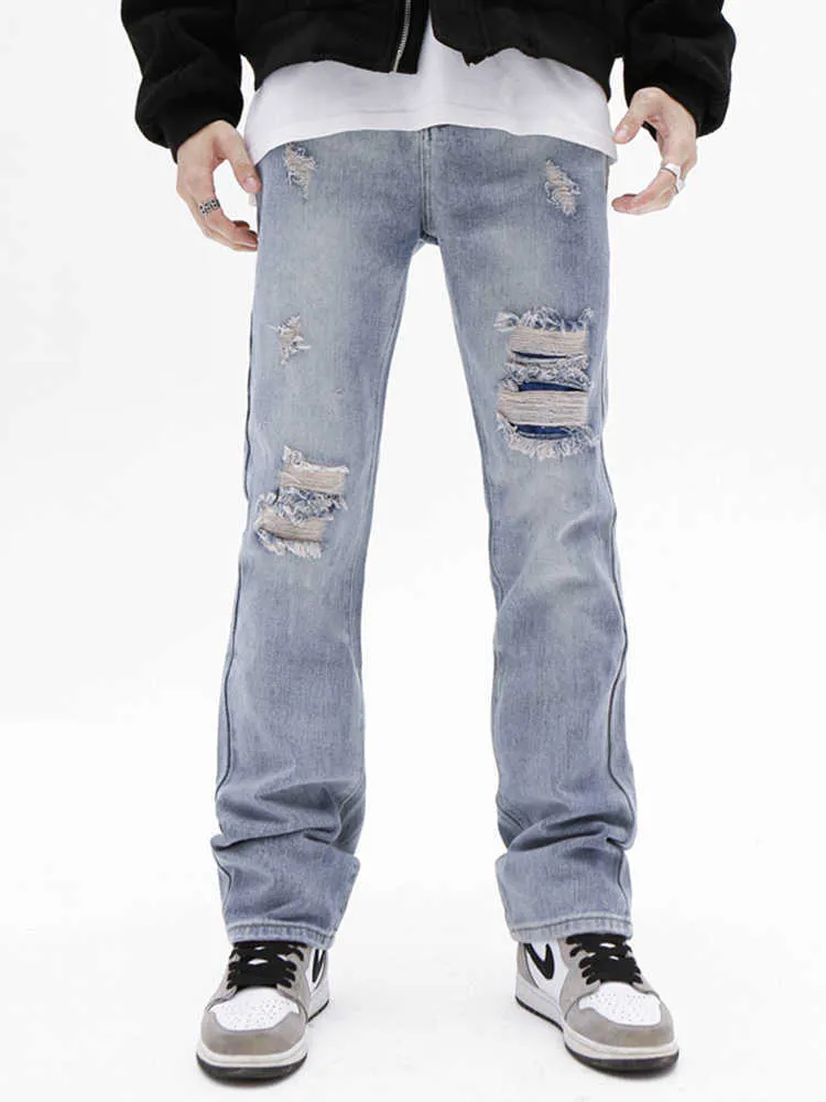 Men's Jeans American High Street Water Washing Embroidered Beef Blue Jeans Men's Tide Brand Street Flared Pants and Men's Clothing Softener Z0225