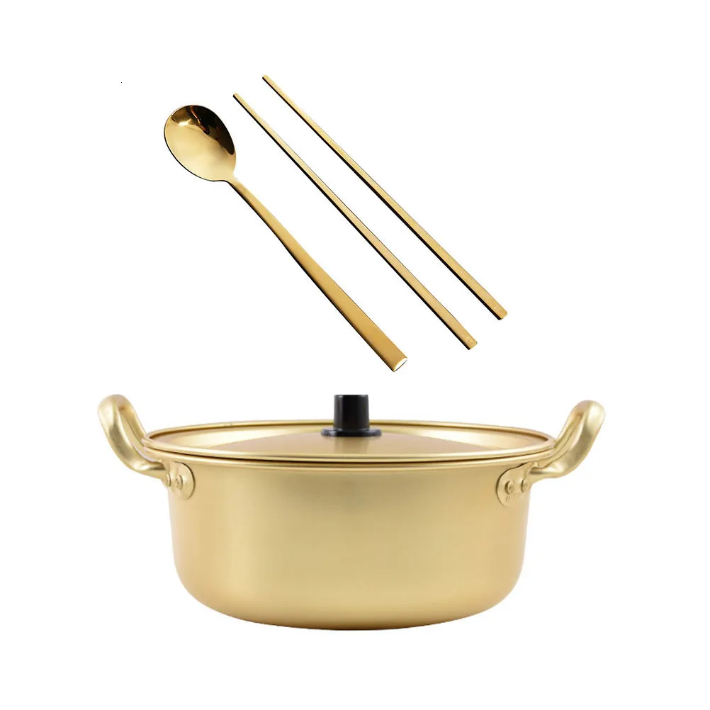 Samusagya Stainless Steel Kadai Brass Noodle Pot For Cooking With Double Handles, Hammered Men Pot, Korean Ramen Cooking Pot For Kitchen, Nonstick