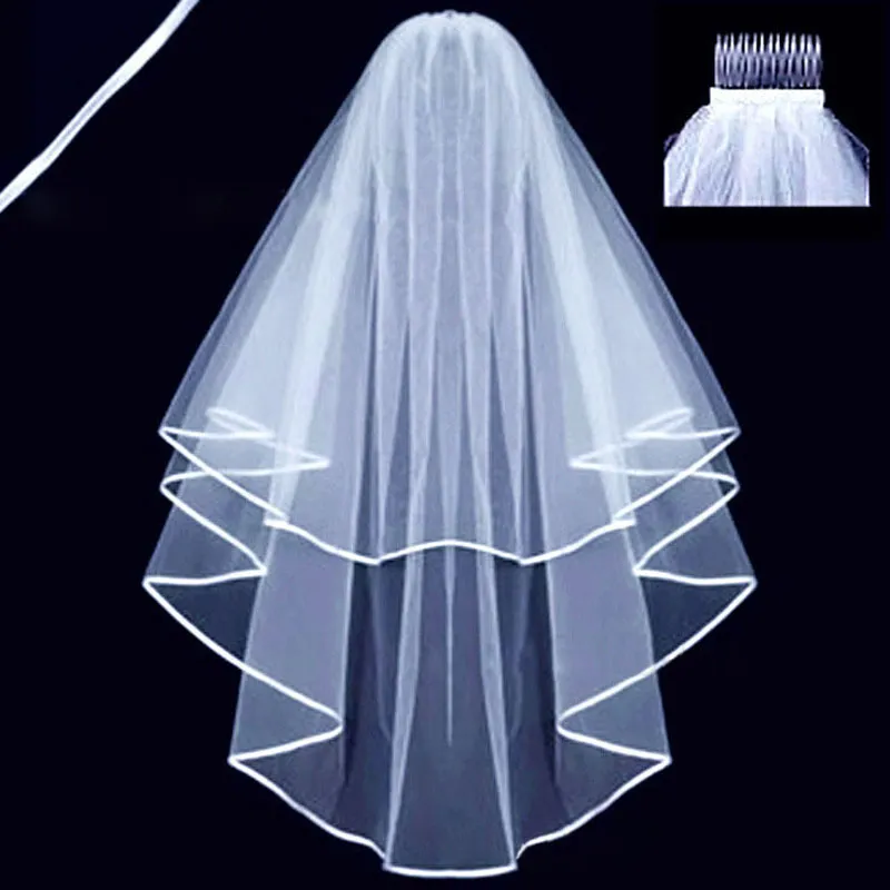 New Bridal Veils Wedding Accessories White/Ivory Fashion Ribbon Edge Short Two Layer Bridal Veil With Comb High Quality