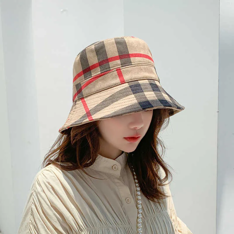 Szerokie brzegowe czapki nowe kratą rybak hat wiadro czapki japońskie letnie filtr przeciwsłoneczny moda moda swobodny bawełniany kapelusz składany dla kobiet designerski kapelusz g230224